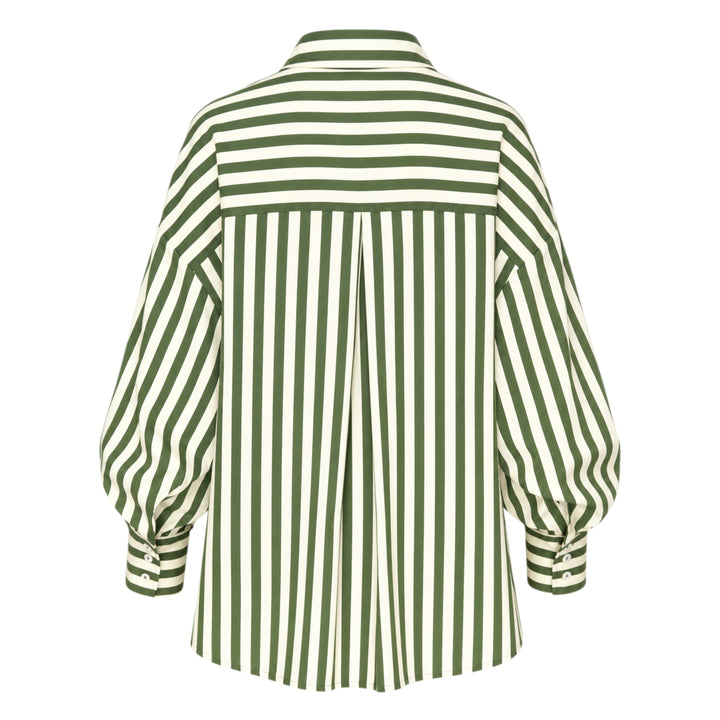 Carolina Herrera Clara Shirt in forest green and ivory vertical stripes, featuring an oversized fit, voluminous bishop sleeves with buttoned cuffs, and a button-front fastening