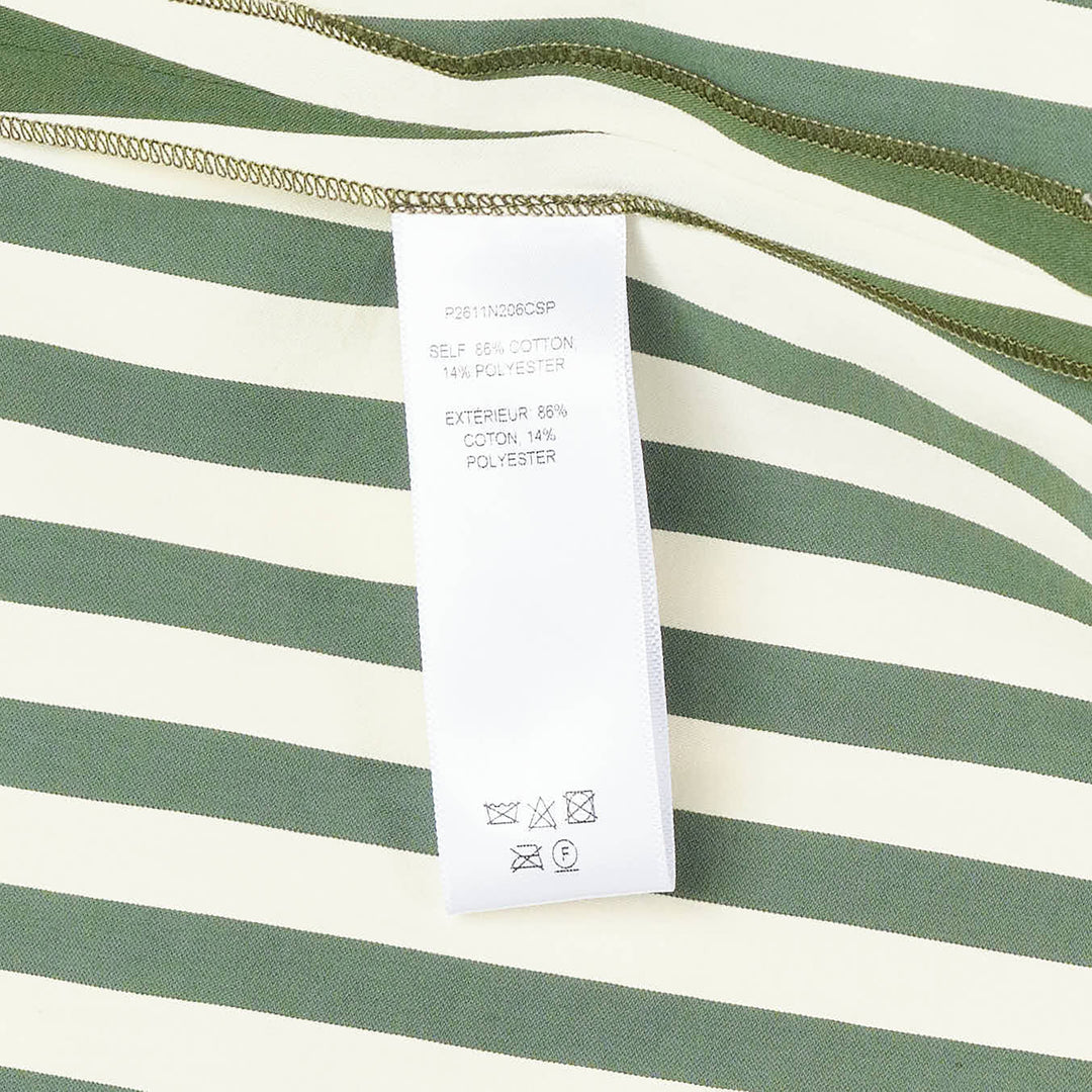 Carolina Herrera Clara Shirt in forest green and ivory vertical stripes, featuring an oversized fit, voluminous bishop sleeves with buttoned cuffs, and a button-front fastening
