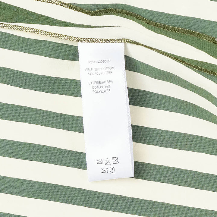 Carolina Herrera Clara Shirt in forest green and ivory vertical stripes, featuring an oversized fit, voluminous bishop sleeves with buttoned cuffs, and a button-front fastening