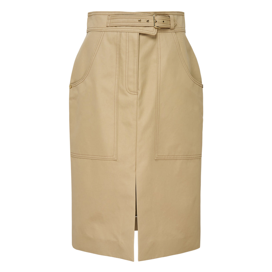 Carolina Herrera camel leather belted pencil skirt with contrast topstitching, hip patch pockets with gold-tone studs, integrated self-fabric belt with gold buckle, and a front centre slit at the hem