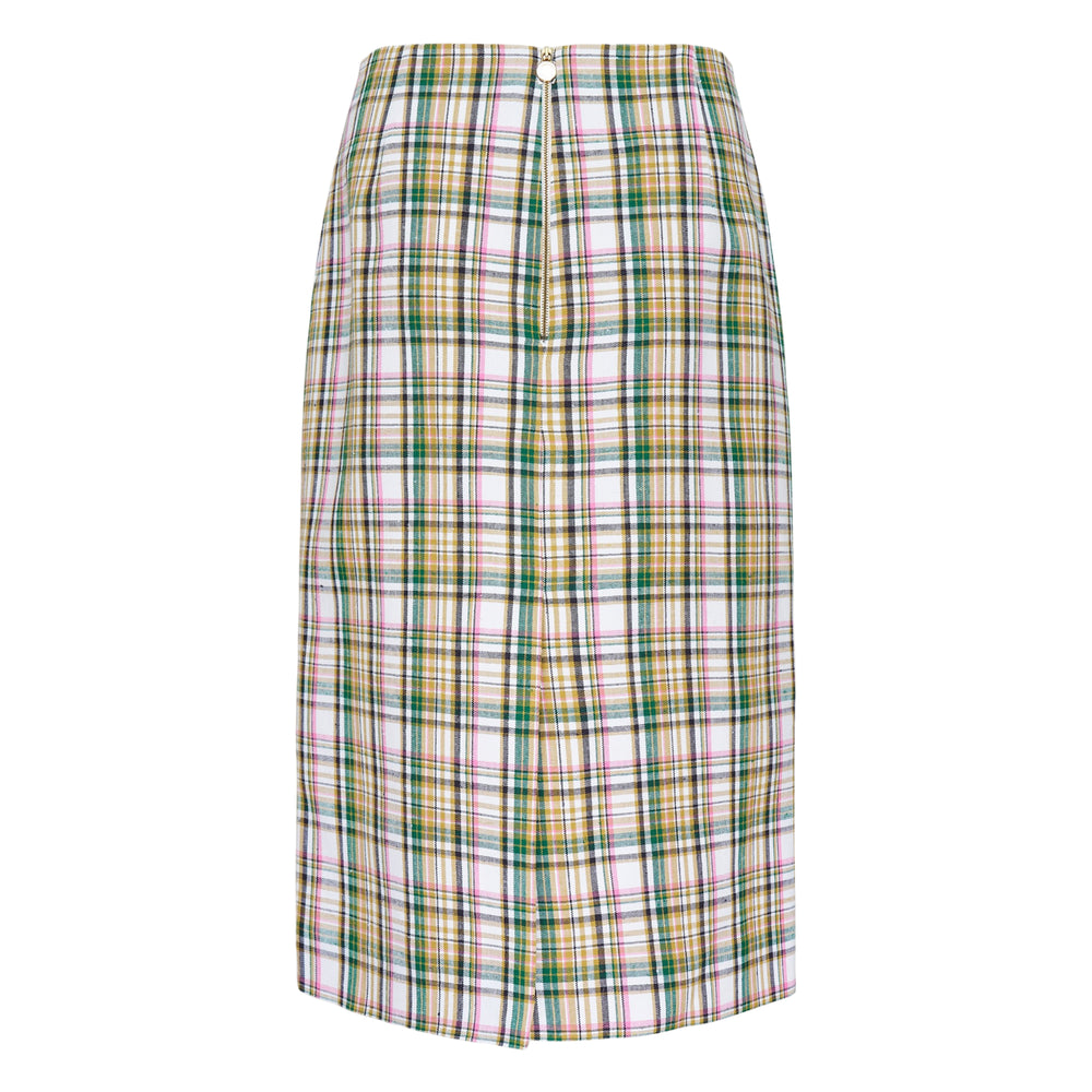 Carolina Herrera plaid midi pencil skirt in a forest green, golden ochre, blush pink, and white tartan pattern, shown flat against a white background
