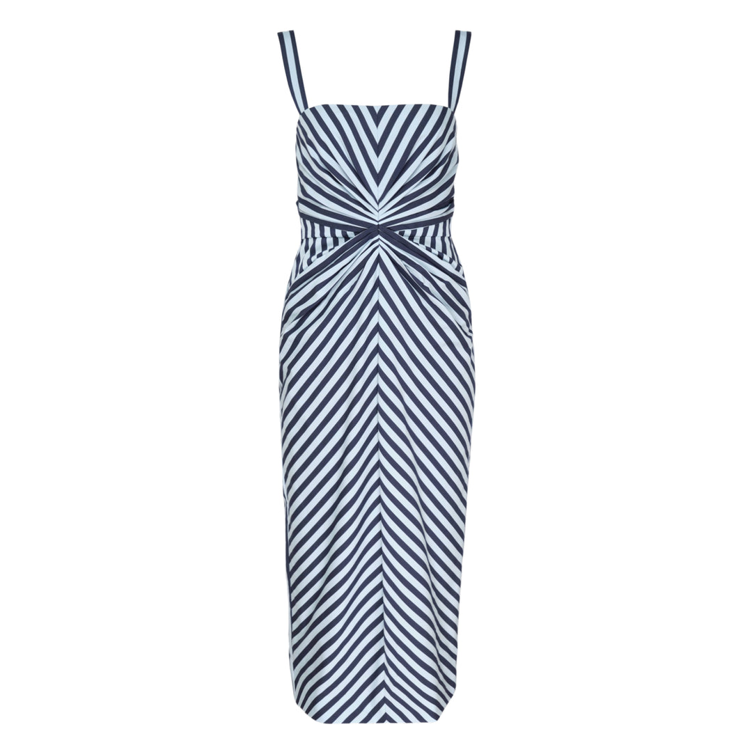 Carolina Herrera navy and white chevron stripe slim strap pencil dress with a twist knot waist detail and ruched midi skirt