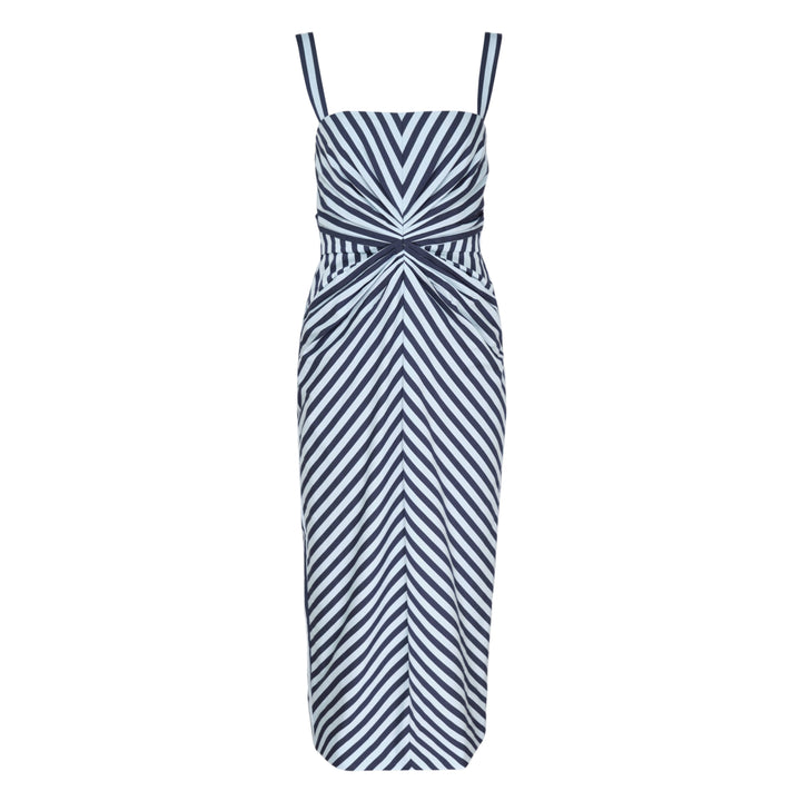 Carolina Herrera navy and white chevron stripe slim strap pencil dress with a twist knot waist detail and ruched midi skirt