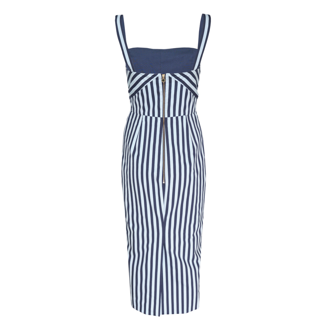 Carolina Herrera navy and white chevron stripe slim strap pencil dress with a twist knot waist detail and ruched midi skirt