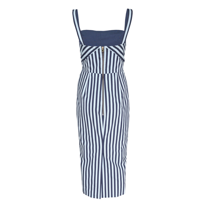Carolina Herrera navy and white chevron stripe slim strap pencil dress with a twist knot waist detail and ruched midi skirt