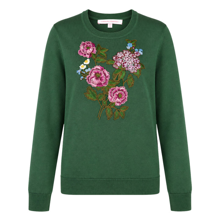 Carolina Herrera forest green long sleeve crew neck sweater with a large multi-floral embroidered bouquet featuring pink roses, hydrangeas, and wildflowers on the chest