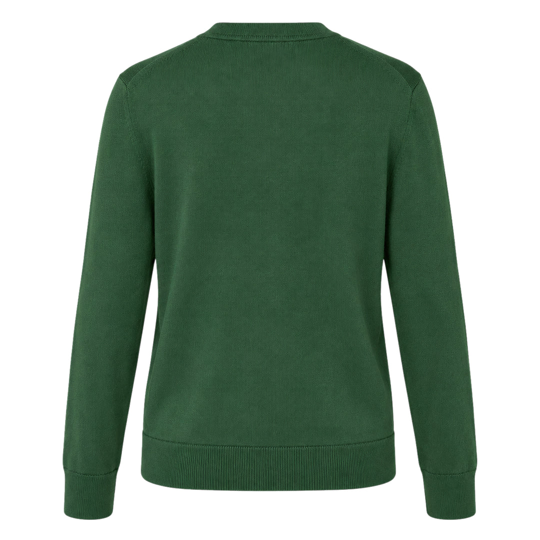 Carolina Herrera forest green long sleeve crew neck sweater with a large multi-floral embroidered bouquet featuring pink roses, hydrangeas, and wildflowers on the chest