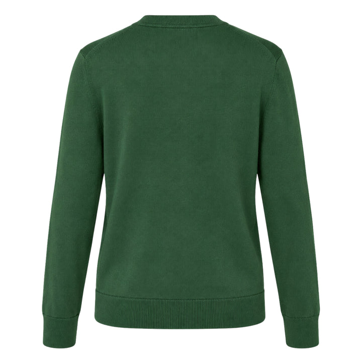 Carolina Herrera forest green long sleeve crew neck sweater with a large multi-floral embroidered bouquet featuring pink roses, hydrangeas, and wildflowers on the chest