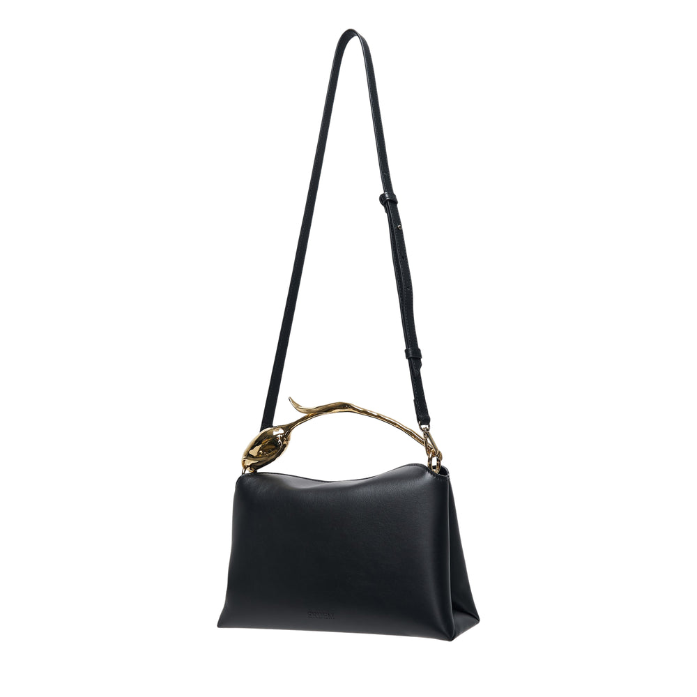 Erdem Medium Bloom Bag in black leather with white embroidered floral motif and sculptural gold-tone branch top handle, photographed on a white background