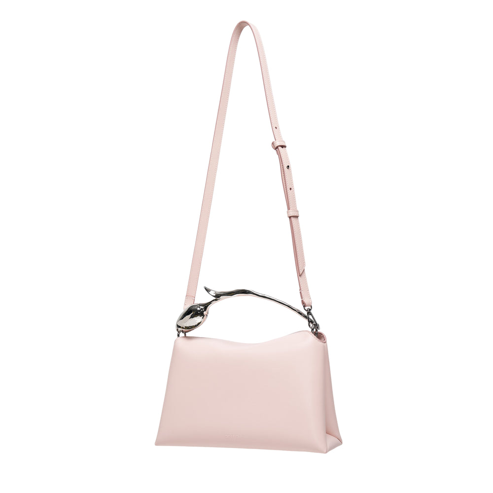 Erdem Medium Bloom Bag in blush pink smooth leather with sculptural silver-tone branch and floral bud metal handle, front view on white background