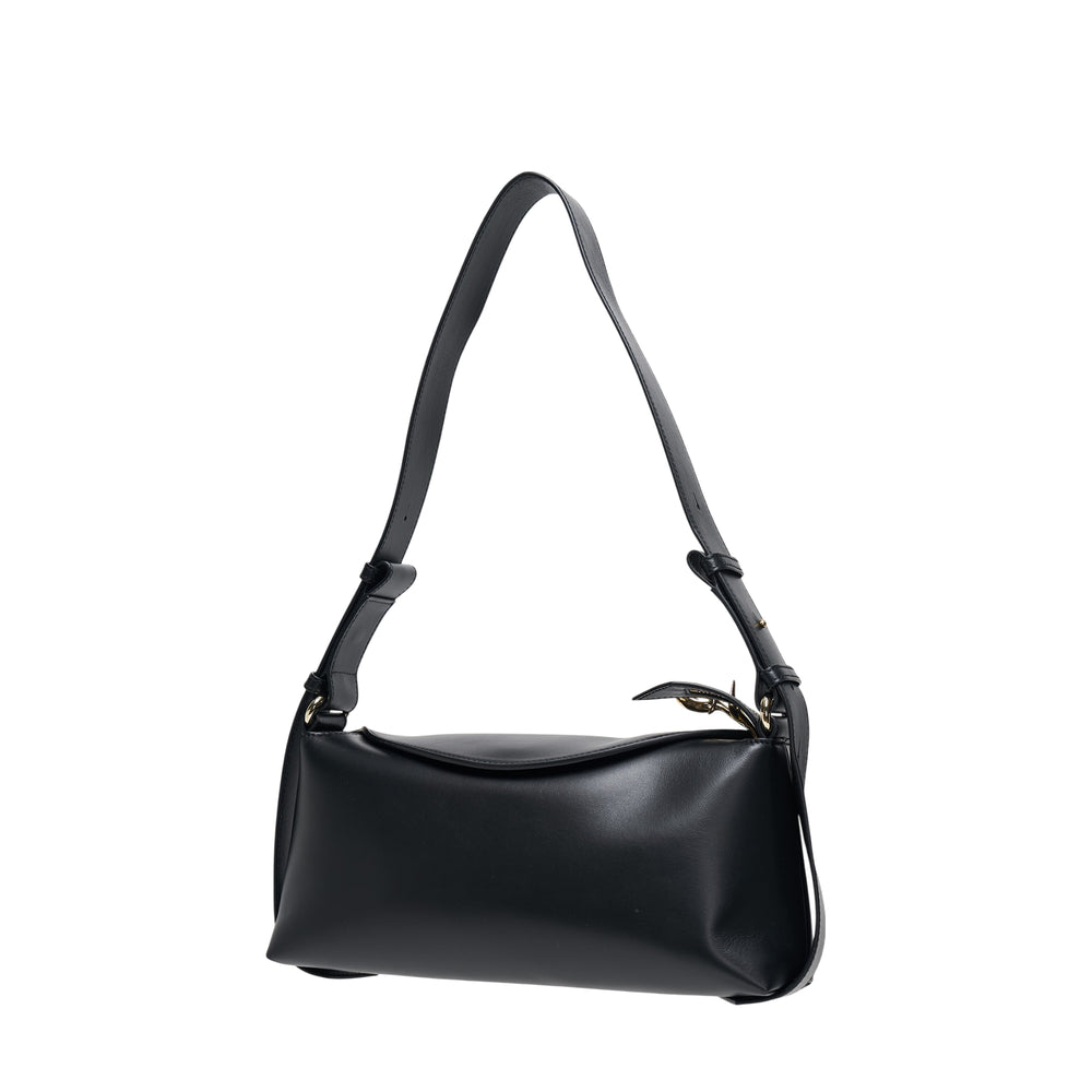 Erdem Bloom East West black leather shoulder bag with gold bird motif hardware and adjustable strap, front view