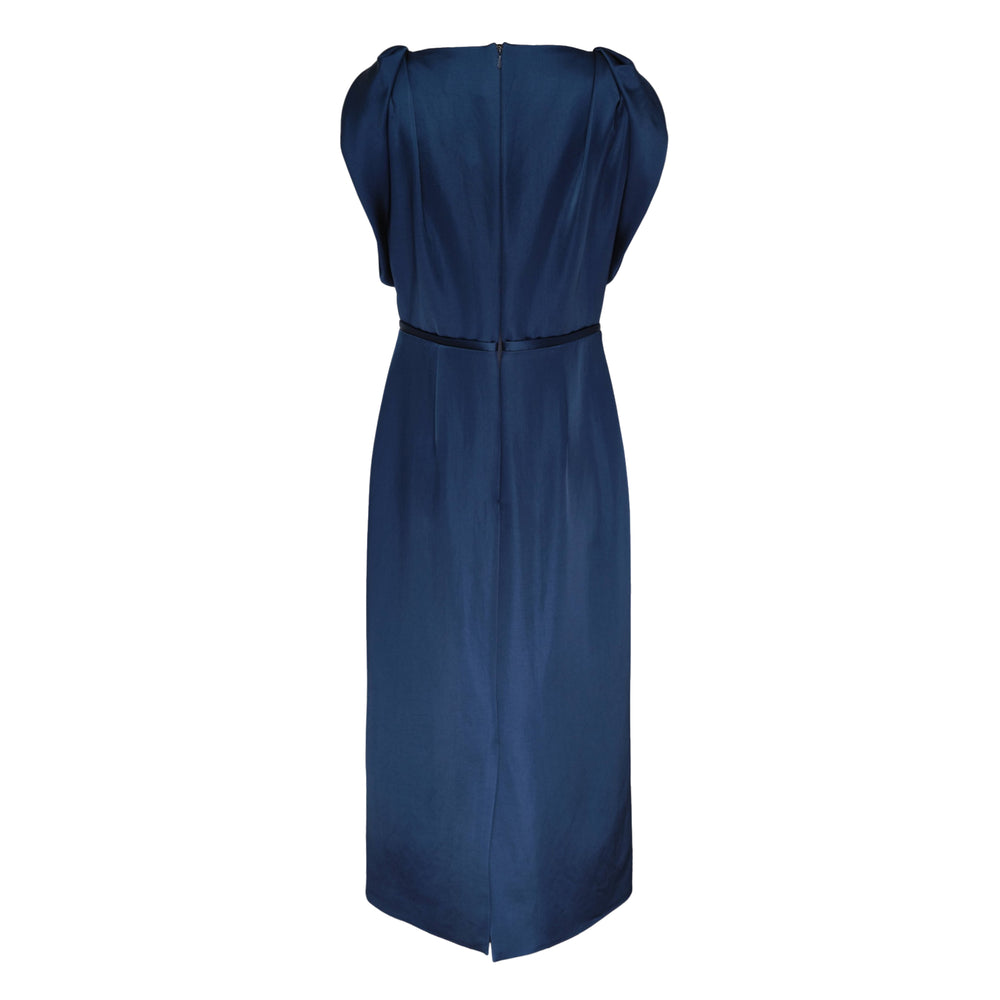 Erdem navy heavy satin sleeveless midi dress with a square neckline, self-tie bow waist, and scattered crystal floral embroidery on the skirt