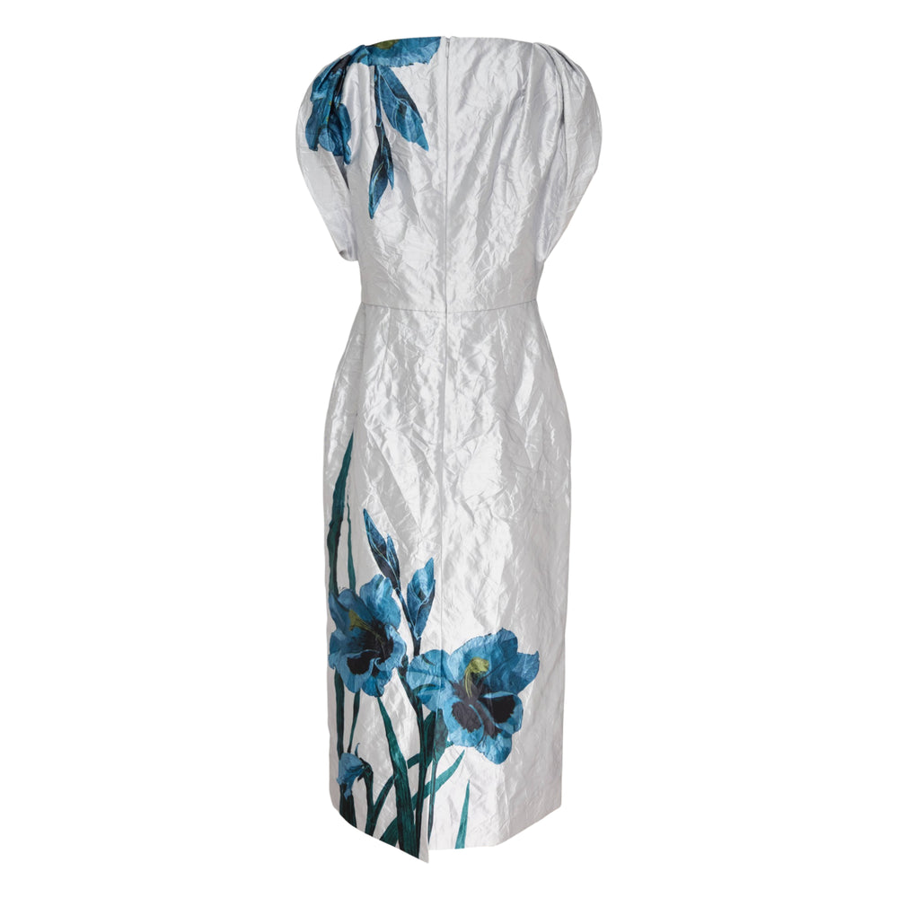 Erdem floral textured satin midi dress in crinkled silver fabric with bold oversized blue iris botanical print, sleeveless with gathered shoulder detail