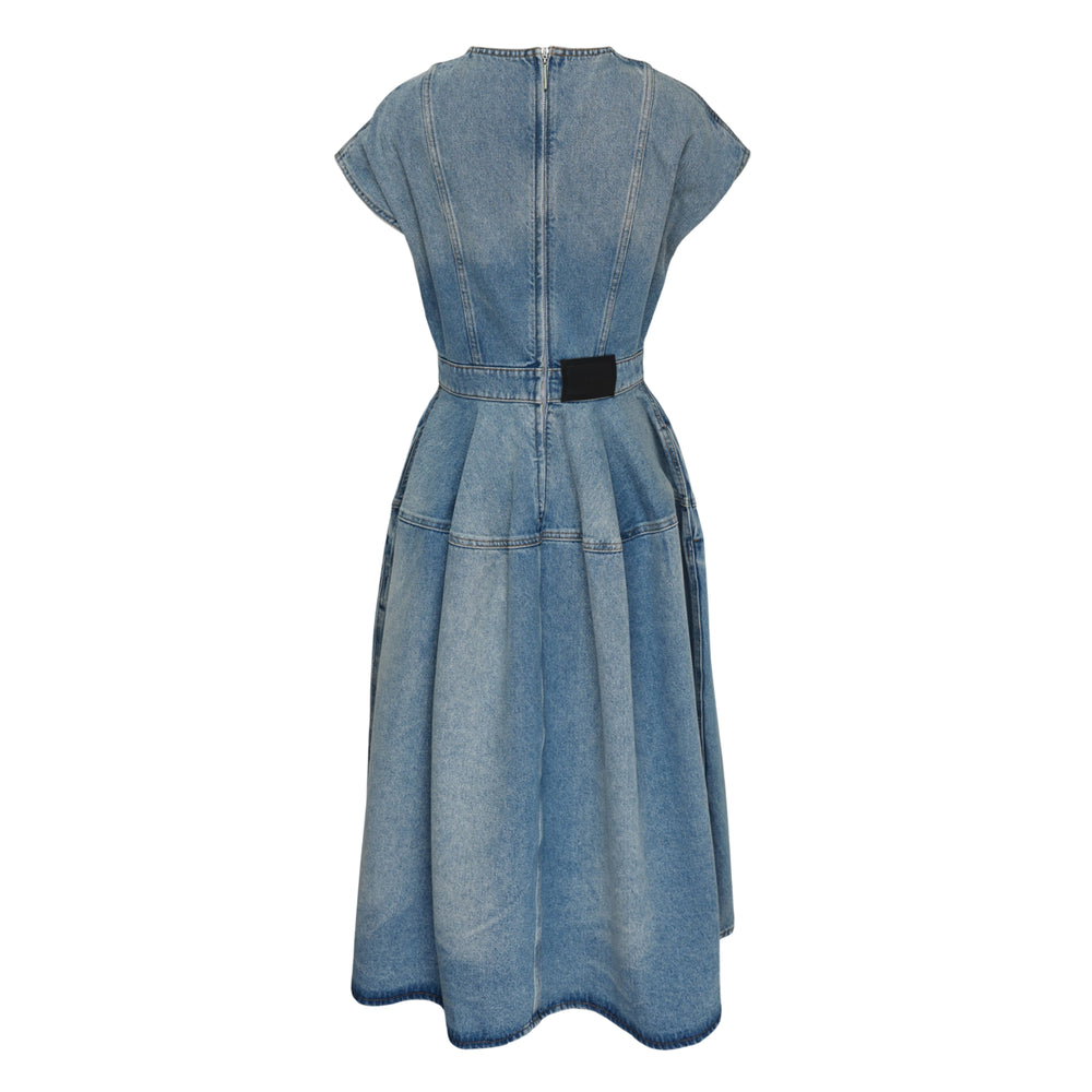 Erdem washed blue denim midi dress with cap sleeves, fitted seamed bodice, full pleated skirt and white floral appliqué embroidery