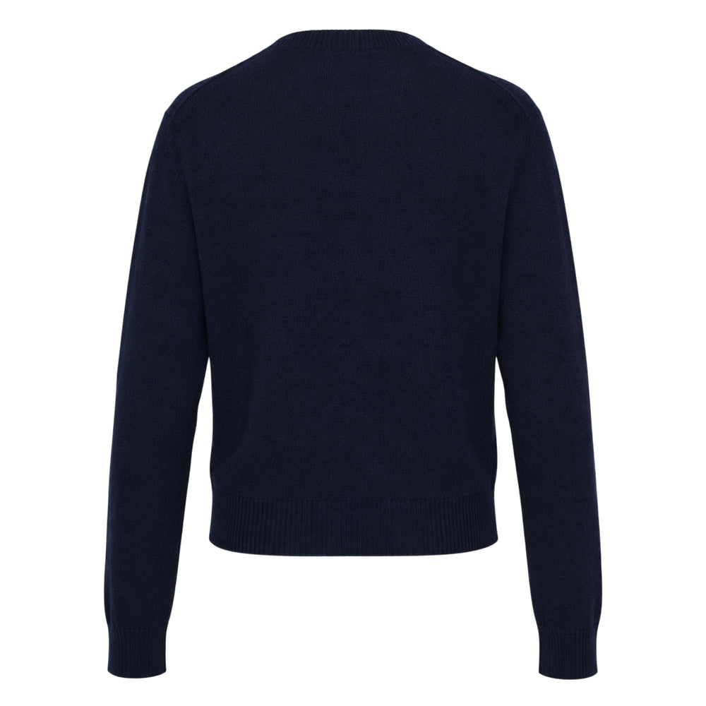 Erdem navy fine alpaca blend fitted cardigan with white lace botanical appliqué, trailing thread embroidery, and embroidered monogram logo at the hem