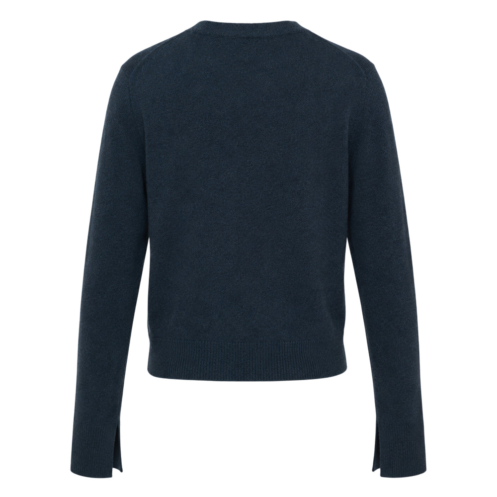 Erdem dark navy fitted cardigan with pink three-dimensional floral appliqué and embroidered stems cascading across the front, button-through fastening and ribbed trims