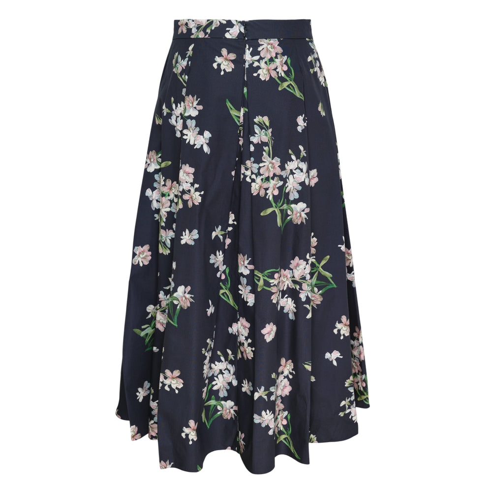Erdem navy cotton midi pleated skirt with scattered pink and white watercolour floral print and high-rise waistband