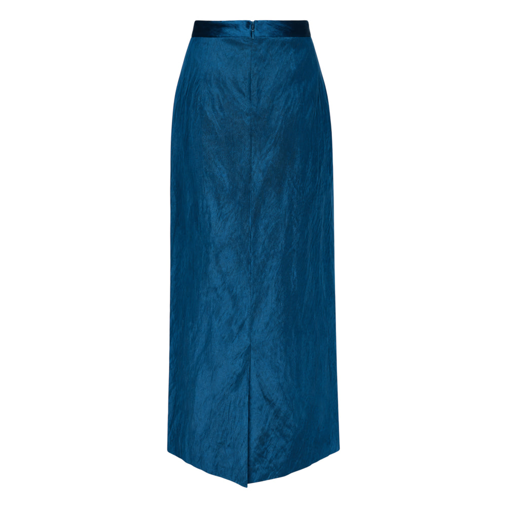 Erdem teal textured satin midi skirt with yellow floral bouquet embroidery and navy contrast waistband, A-line silhouette on white background