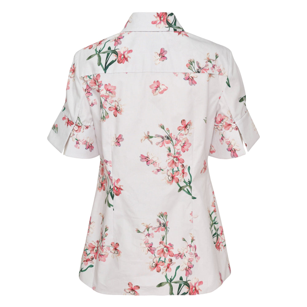 Erdem white cotton short sleeve shirt with pink and ivory cherry blossom floral print, button front placket, point collar, and flutter cuffs