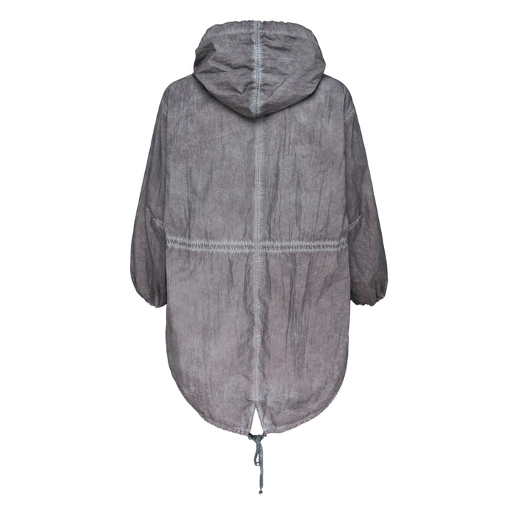 Maison Margiela treated cotton nylon parka coat in mineral-washed grey, featuring an adjustable drawstring hood, front zip with press-stud placket, large flap pockets, and an oversized silhouette with elasticated cuffs