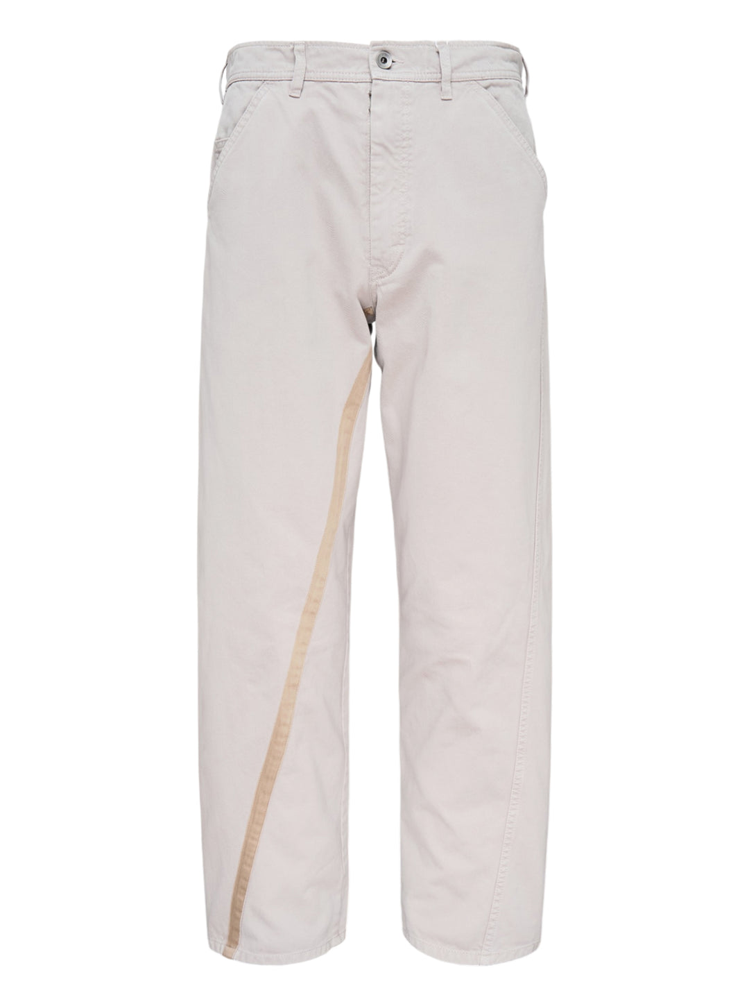 Maison Margiela stone cotton pants with a twisted seam and contrast tan tape trim, shown from the front