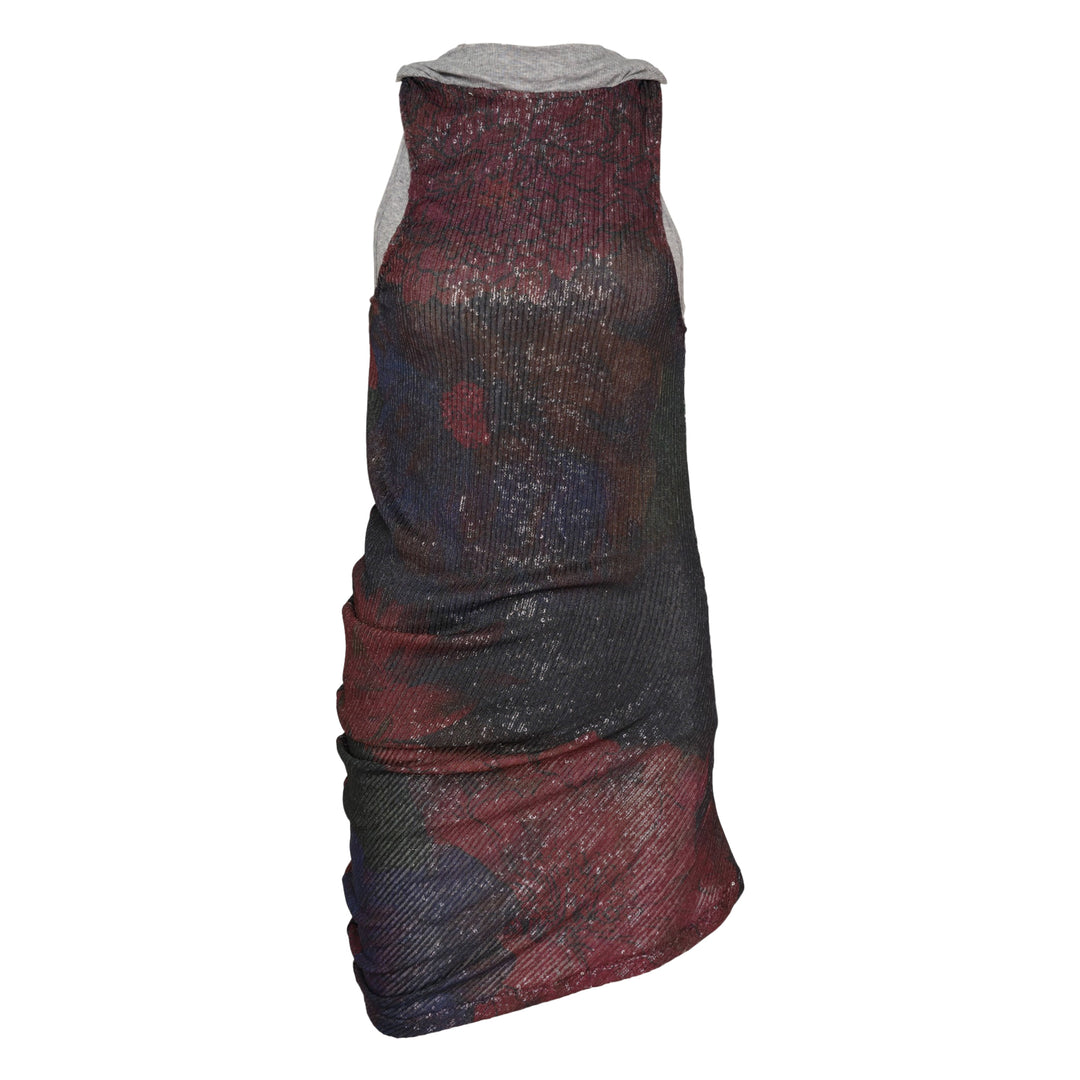 Maison Margiela sequins draped printed tank top with ribbed metallic fabric, abstract burgundy and navy print, gathered ruching at the hem, and grey jersey cowl-neck collar