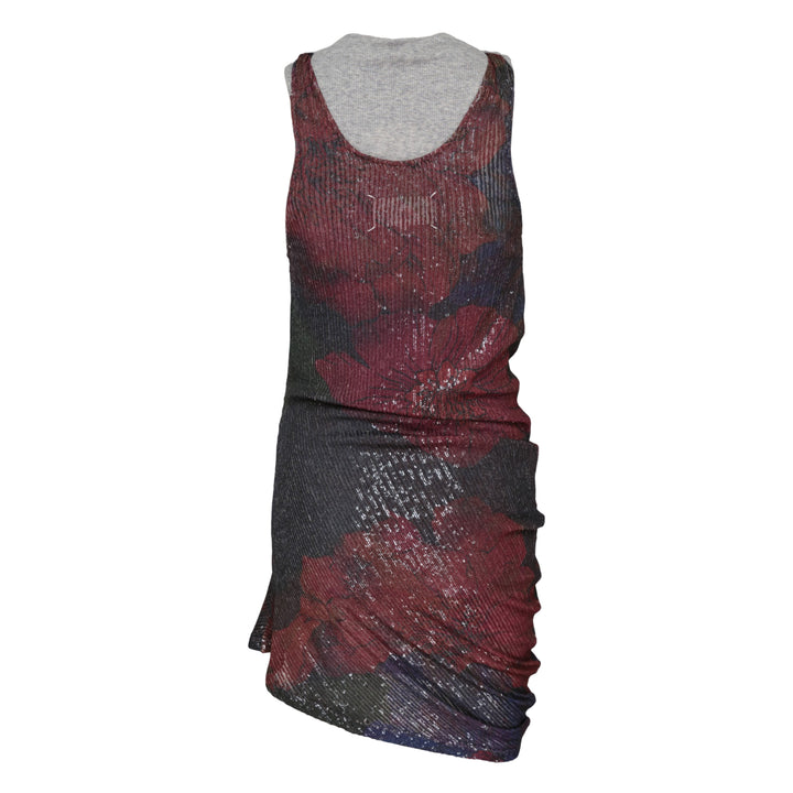 Maison Margiela sequins draped printed tank top with ribbed metallic fabric, abstract burgundy and navy print, gathered ruching at the hem, and grey jersey cowl-neck collar