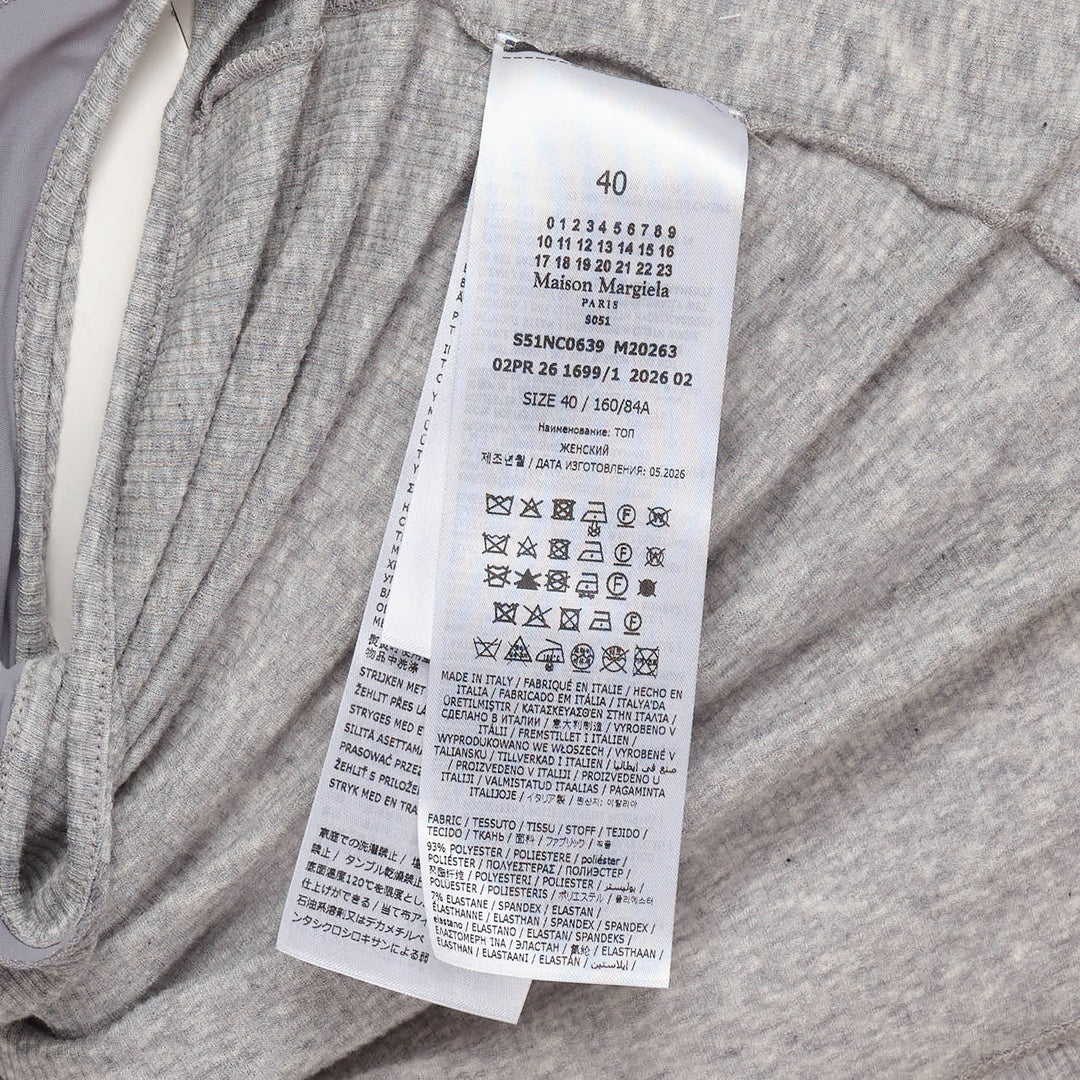Maison Margiela sequins draped printed tank top with ribbed metallic fabric, abstract burgundy and navy print, gathered ruching at the hem, and grey jersey cowl-neck collar