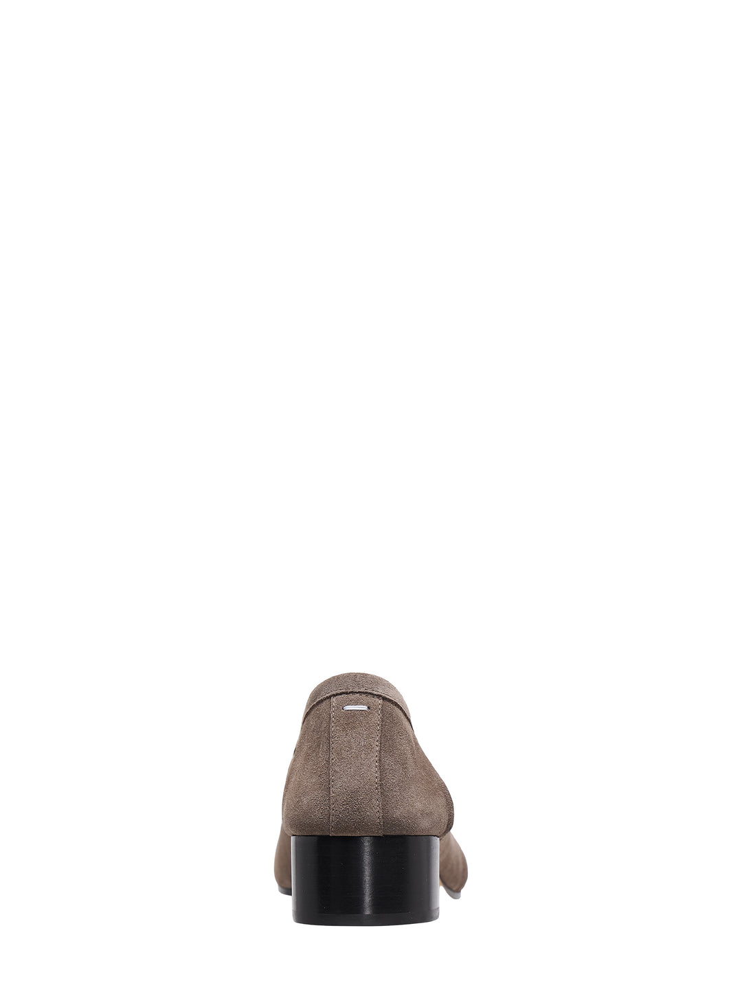 Maison Margiela Tabi ballerina flats in taupe suede with split toe, small bow detail and black cylindrical block heel, shown in side profile - view 3