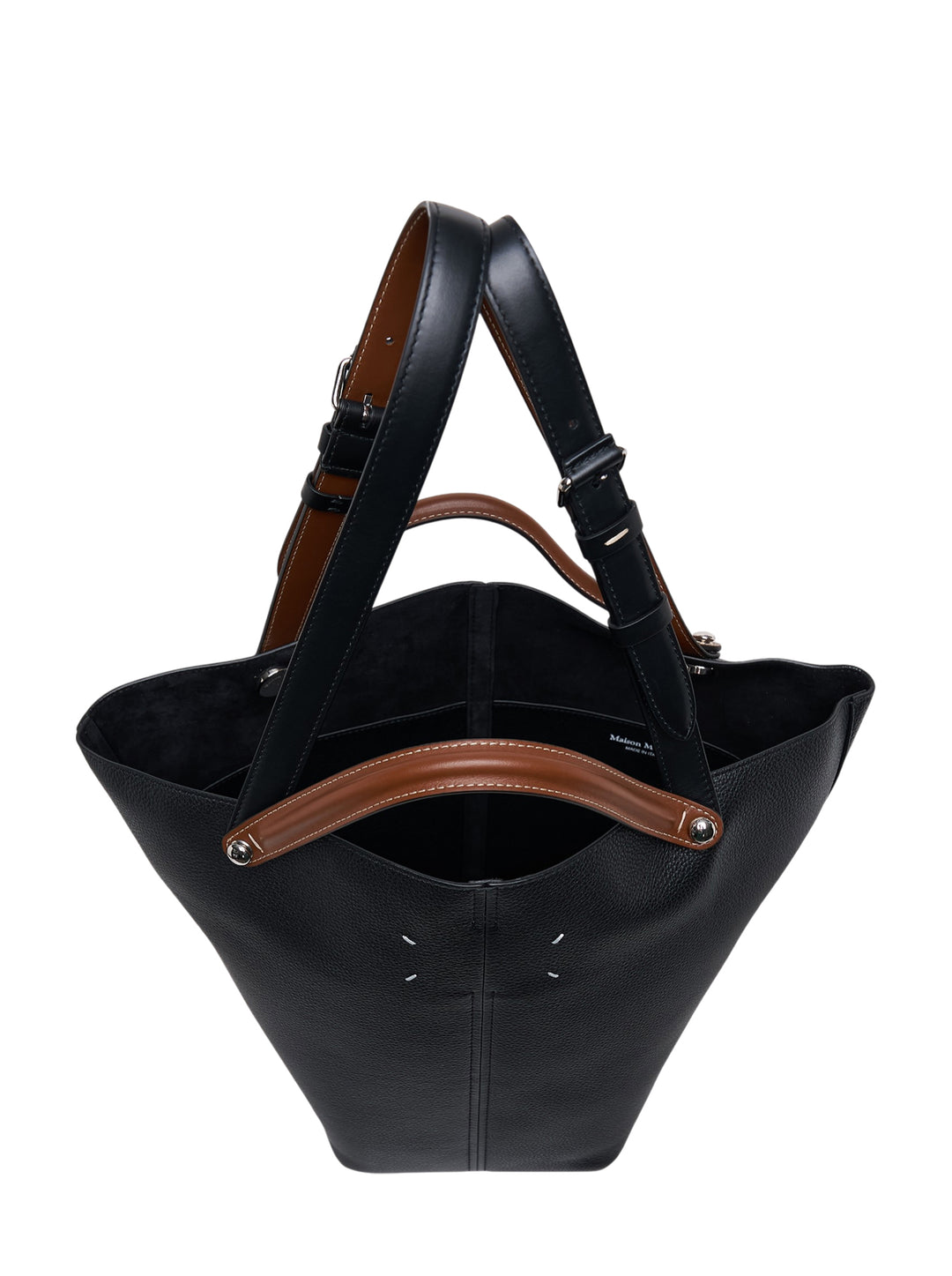 Maison Margiela Dress-Age medium tote in black grained leather with tan handles, adjustable shoulder strap and white four-stitch detail - view 3