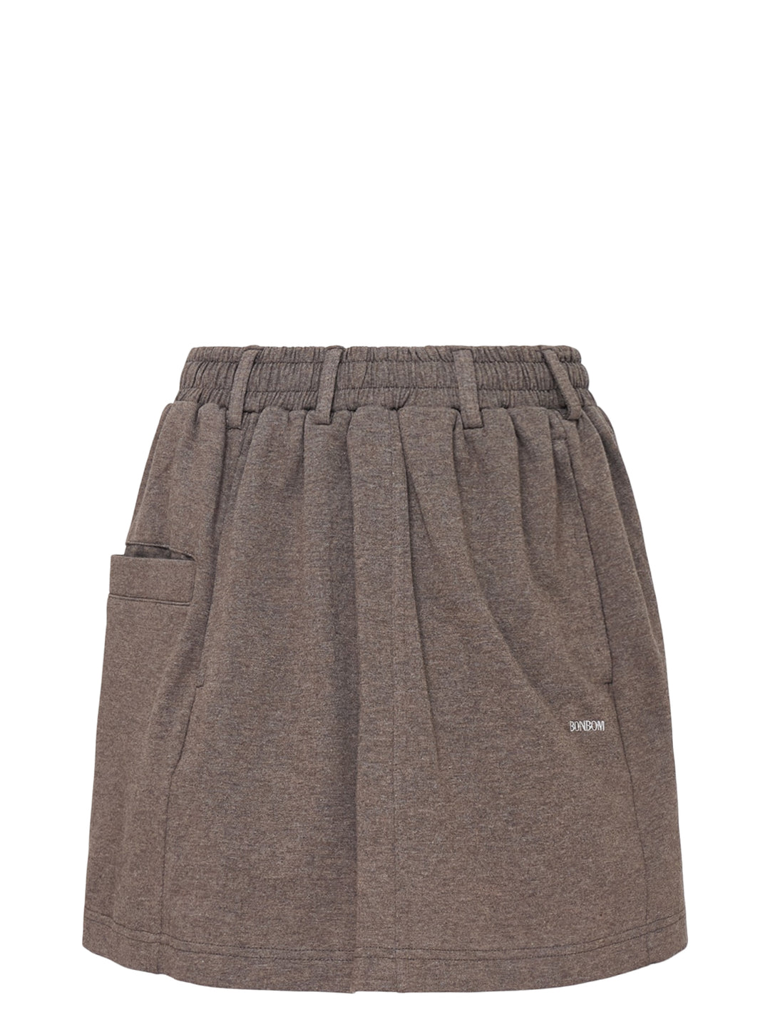 Bonbom heather brown sweat mini skirt with elasticated waist, oversized pocket and embroidered logo