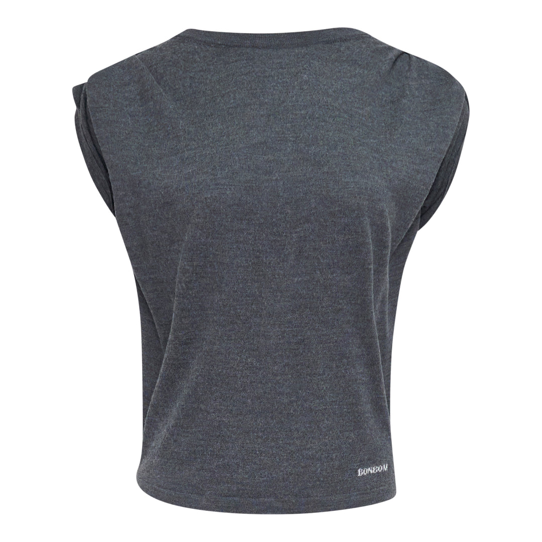 Back view of Bonbom Shoulder-Tuck Sleeveless Sweat in heathered charcoal grey, showing structured shoulder tuck detail and embroidered logo at the hem