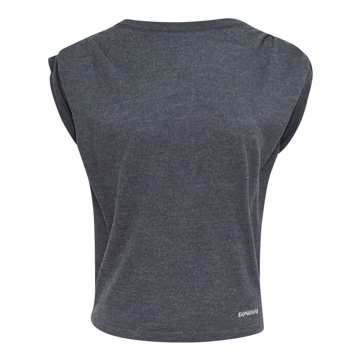 Back view of Bonbom Shoulder-Tuck Sleeveless Sweat in heathered charcoal grey, showing structured shoulder tuck detail and embroidered logo at the hem