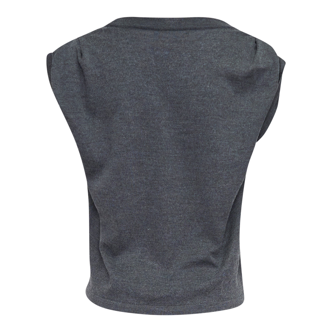 Back view of Bonbom Shoulder-Tuck Sleeveless Sweat in heathered charcoal grey, showing structured shoulder tuck detail and embroidered logo at the hem