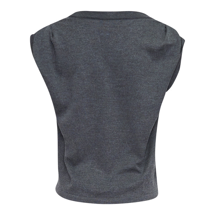 Back view of Bonbom Shoulder-Tuck Sleeveless Sweat in heathered charcoal grey, showing structured shoulder tuck detail and embroidered logo at the hem