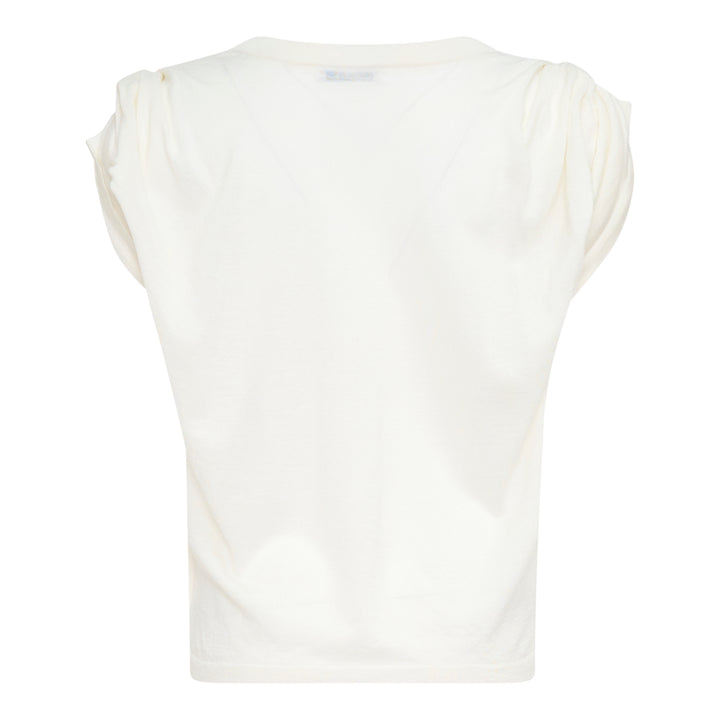 Back view of Bonbom Shoulder Tuck Sleeveless Top in off-white, showing tuck detailing at the shoulders, relaxed boxy silhouette, and woven Bonbom label at the hem