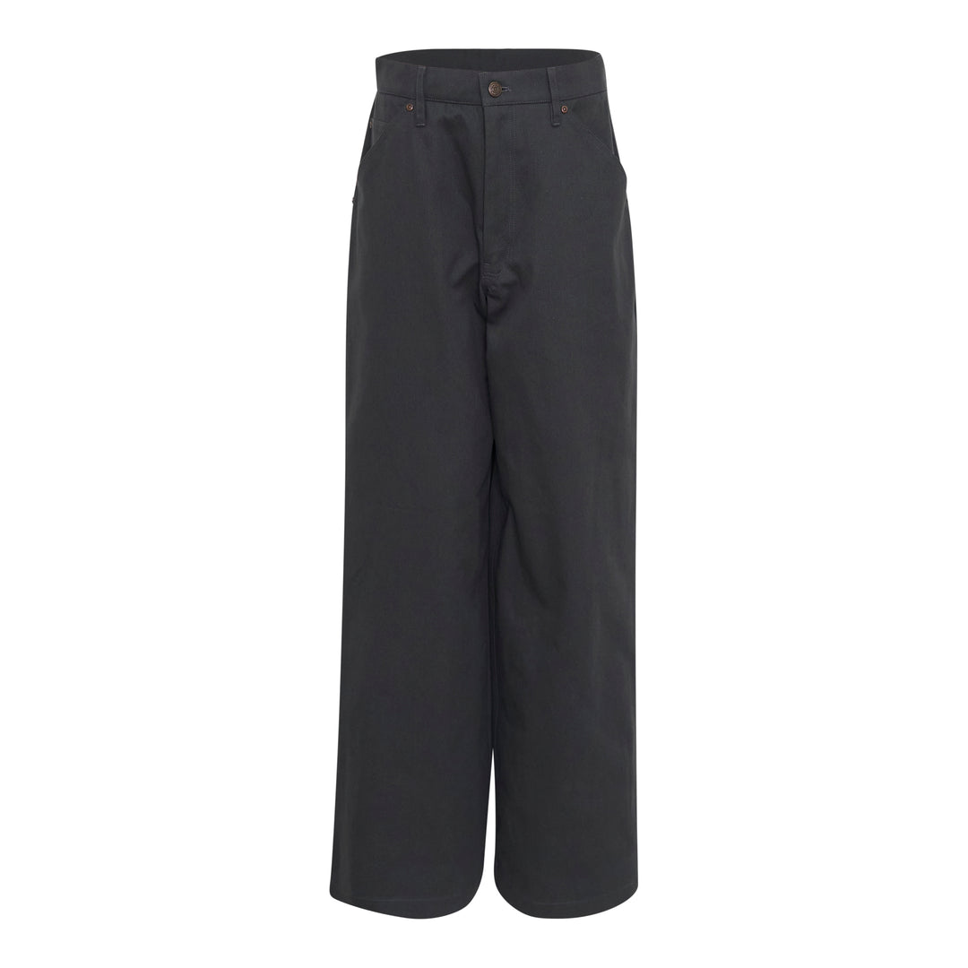 Bonbom Back Box Pleats Pants in deep charcoal — high-rise, wide-leg silhouette with button closure and copper rivets, front view on white background