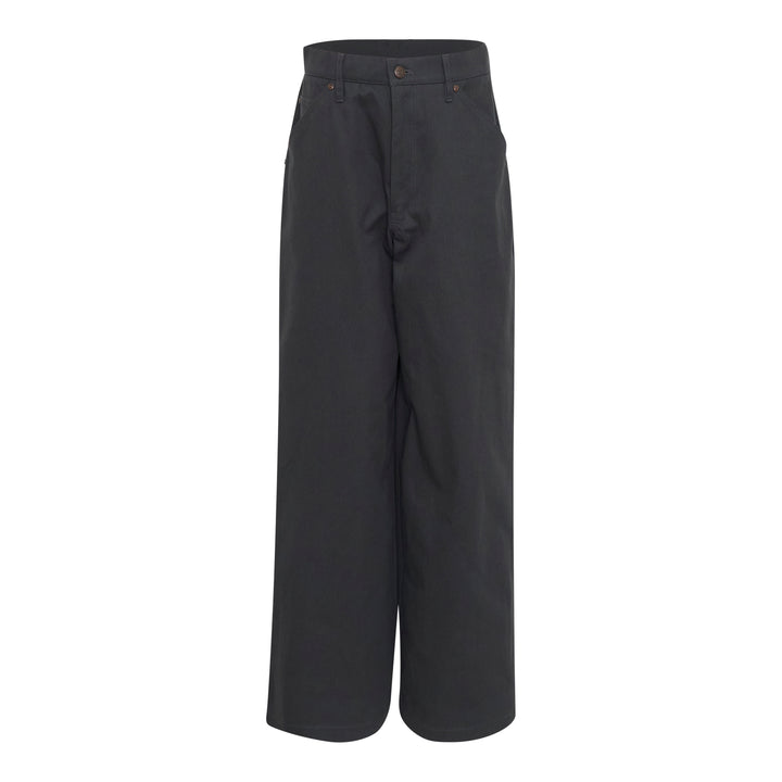 Bonbom Back Box Pleats Pants in deep charcoal — high-rise, wide-leg silhouette with button closure and copper rivets, front view on white background