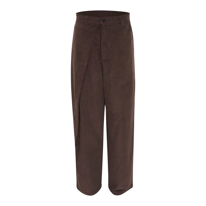 Bonbom Asymmetric Tuck Baggy Corduroy Pants in dark brown, featuring a high-rise waistband, asymmetric front tuck panel, and wide relaxed leg