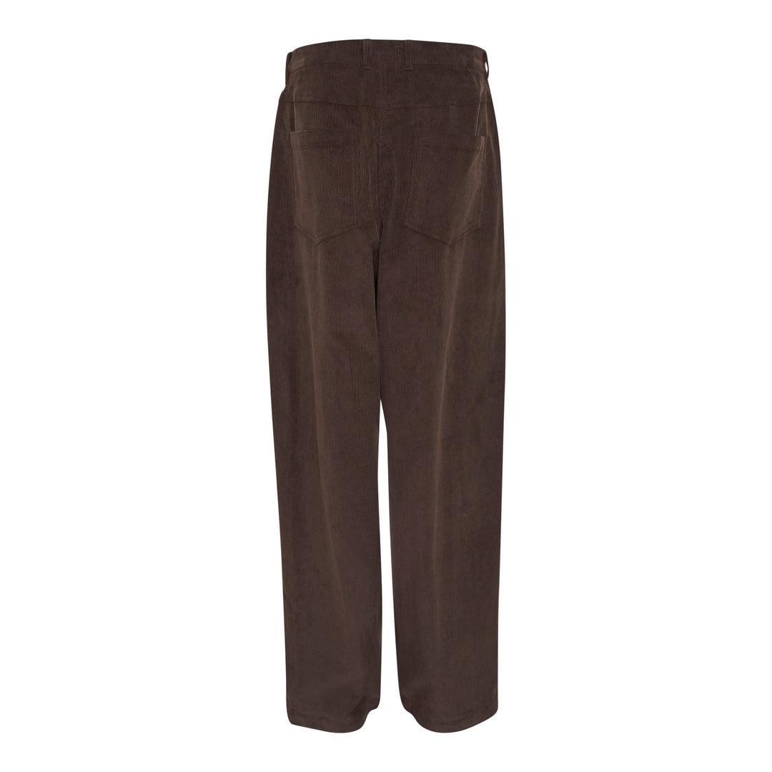 Bonbom Asymmetric Tuck Baggy Corduroy Pants in dark brown, featuring a high-rise waistband, asymmetric front tuck panel, and wide relaxed leg