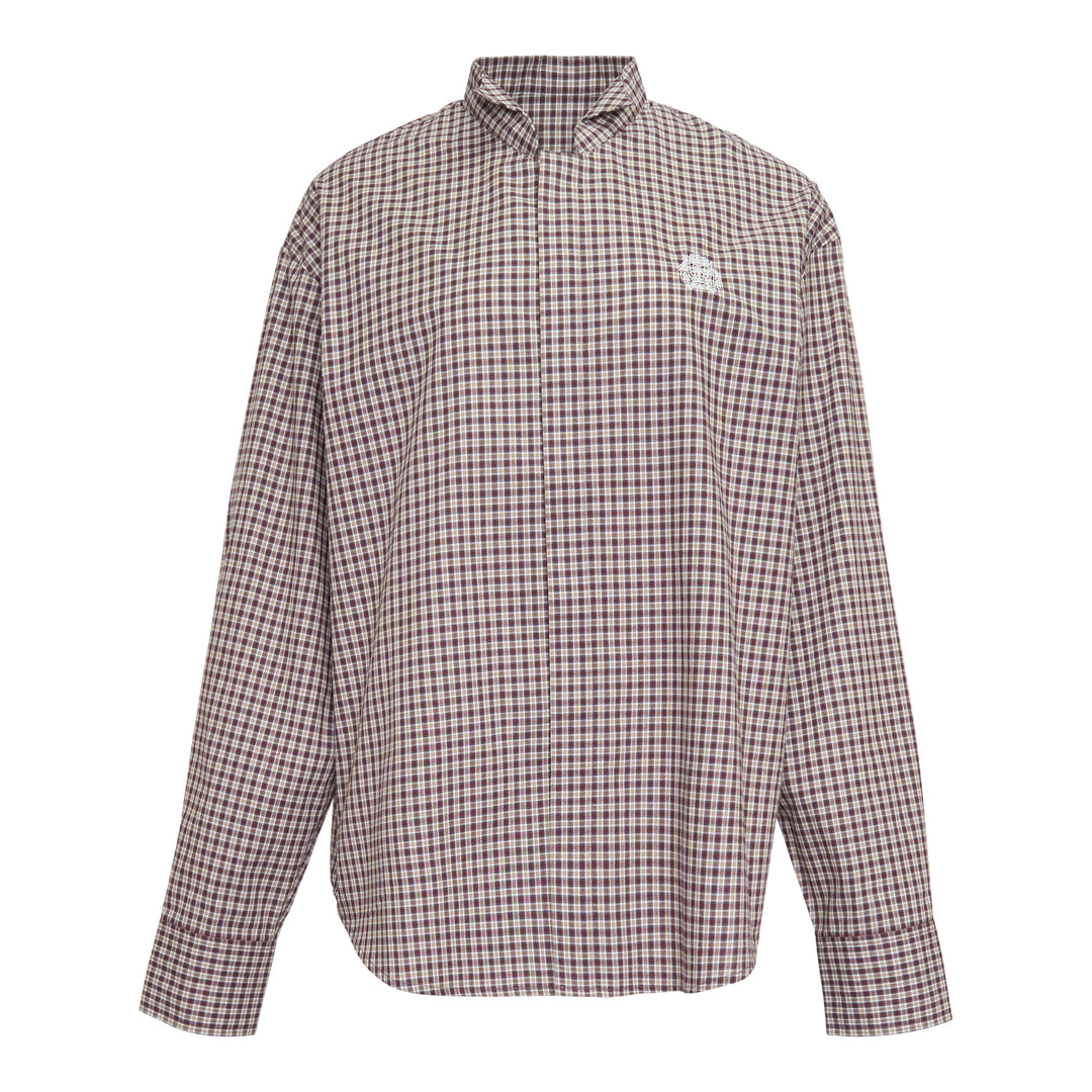 Bonbom Wingtip Collar Long Sleeve Shirt in burgundy and cream micro-check with embroidered crest detail and concealed front placket, photographed flat on a white background