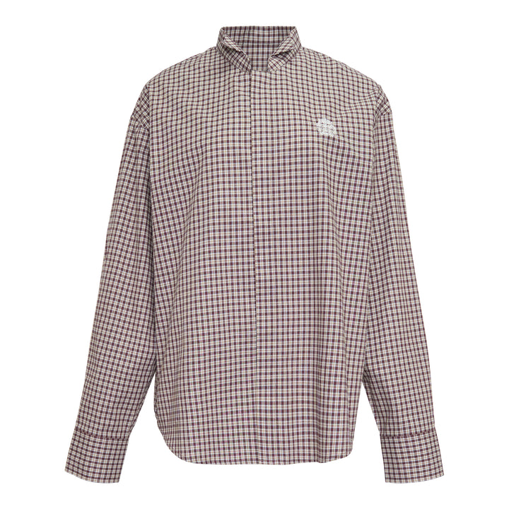 Bonbom Wingtip Collar Long Sleeve Shirt in burgundy and cream micro-check with embroidered crest detail and concealed front placket, photographed flat on a white background