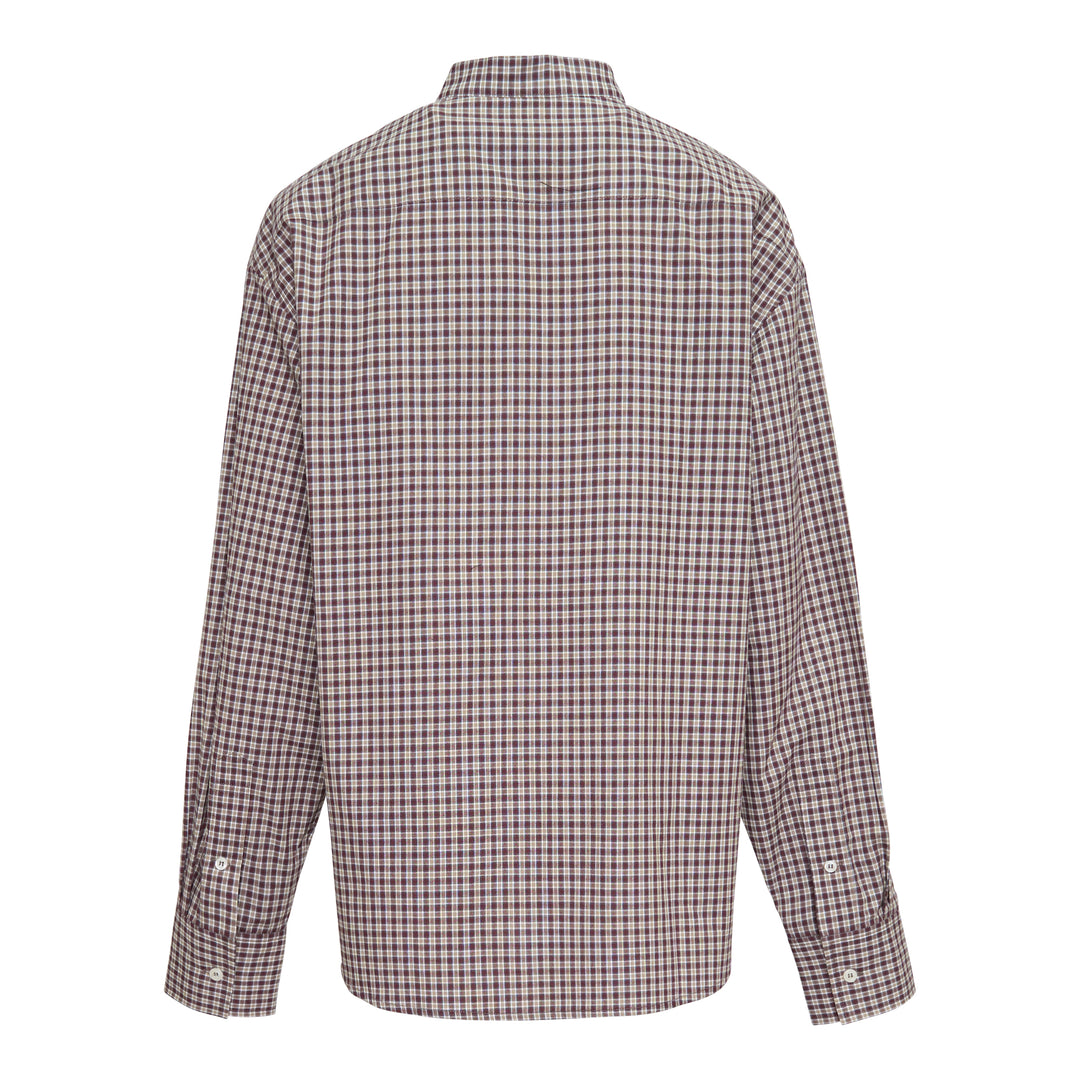 Bonbom Wingtip Collar Long Sleeve Shirt in burgundy and cream micro-check with embroidered crest detail and concealed front placket, photographed flat on a white background