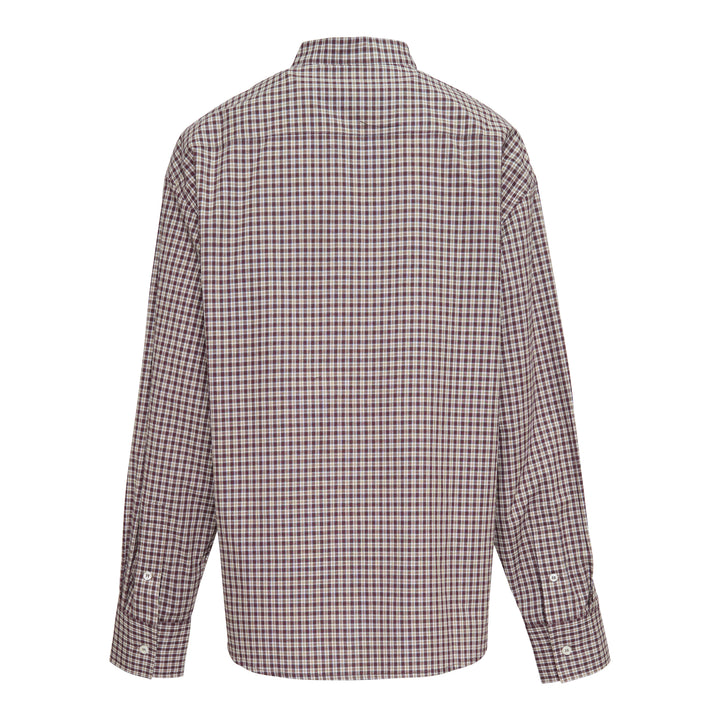 Bonbom Wingtip Collar Long Sleeve Shirt in burgundy and cream micro-check with embroidered crest detail and concealed front placket, photographed flat on a white background