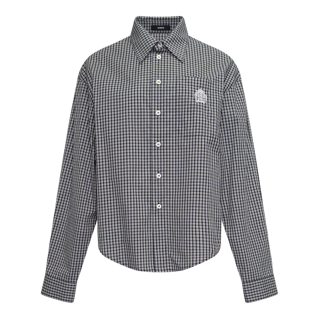 Bonbom Symbol Embroidery Long Sleeve Shirt in navy and white micro-check with an embroidered crest motif at the chest pocket and a classic point collar
