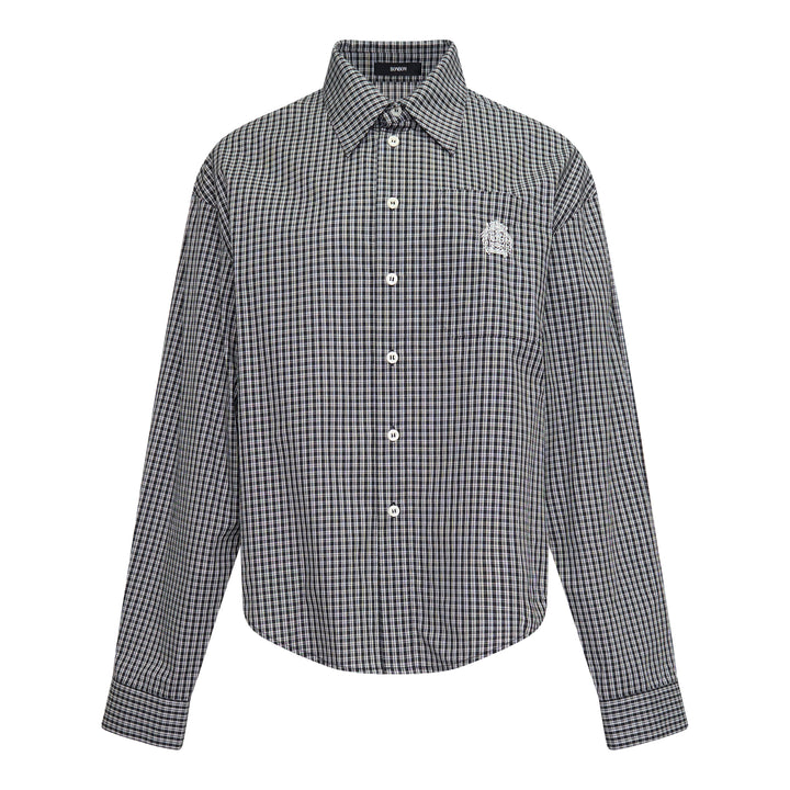 Bonbom Symbol Embroidery Long Sleeve Shirt in navy and white micro-check with an embroidered crest motif at the chest pocket and a classic point collar