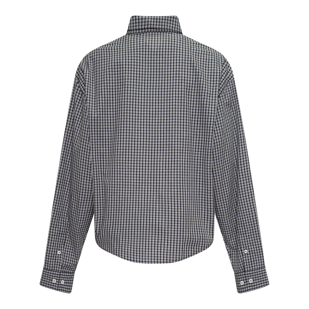 Bonbom Symbol Embroidery Long Sleeve Shirt in navy and white micro-check with an embroidered crest motif at the chest pocket and a classic point collar