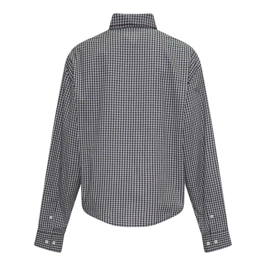 Bonbom Symbol Embroidery Long Sleeve Shirt in navy and white micro-check with an embroidered crest motif at the chest pocket and a classic point collar