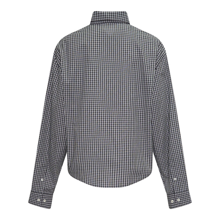 Bonbom Symbol Embroidery Long Sleeve Shirt in navy and white micro-check with an embroidered crest motif at the chest pocket and a classic point collar