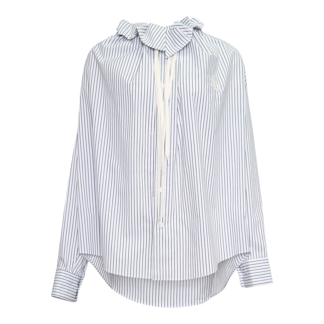 Bonbom Gathered Neck Long Sleeve Shirt in white and navy pinstripe, featuring a gathered ruffle collar with bow tie, lace-trimmed front placket, and button cuffs